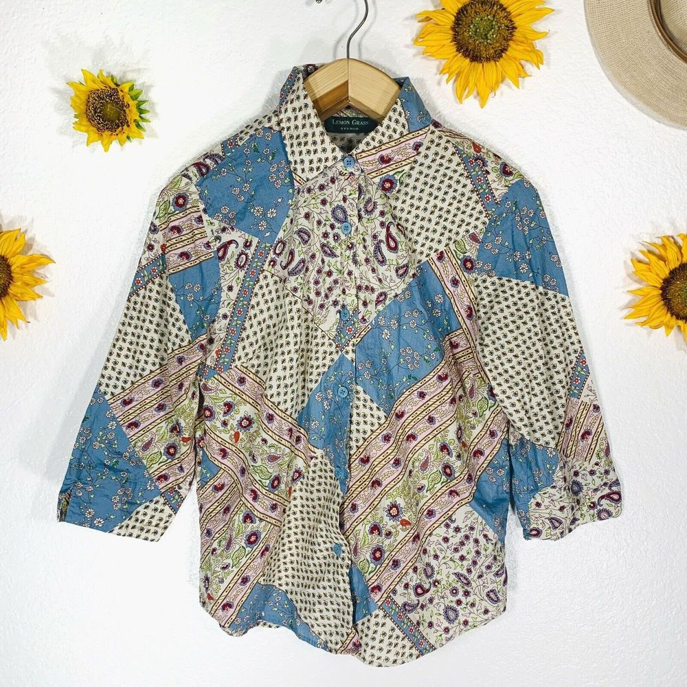 Lemon Grass Floral Paisley 3/4 Sleeved Button Up Cotton Blouse Size Medium Women - Picture 1 of 7
